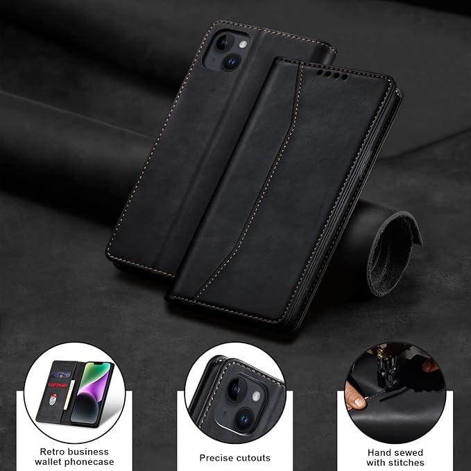 Jasonyu Flip Wallet Case for iPhone 14 Plus 5G,Leather Magnetic Folio Cover with Card Holder,Kickstand - TPU Shockproof Durable Protective Phone Case,Black