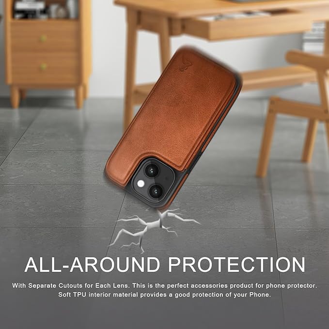 DJDUCK Designed for iPhone 14 Case Wallet with Card Holder, [Magnetic Clasp Cover] [RFID Blocking Leather Protection] Shockproof Women Men Cases 6.1 Inch for Apple 14 Light Brown