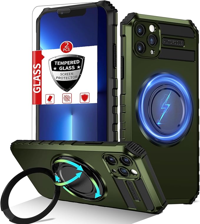 for iPhone 13 Pro Max Case Magnetic Compatible with Wireless Charging,13 ProMax Case with 2 Screen Protectors,Built-in Kickstand Ring Military Grade Drop Shockproof Heavy Duty Protection Green