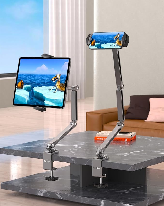 Aluminum Alloy Tablet Stand for Desk, 360° Adjustable iPad Arm Mount Foldable Phone Holder Compatible with iPad Pro Air 13/12.9/11 Mini, Portable Monitor 15.6, Samsung Galaxy, Kindle- Grey