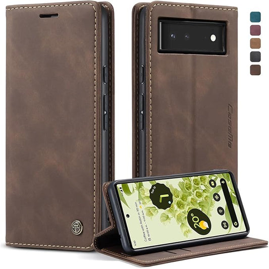 for Google Pixel 6 Case, Flip Wallet Leather Case with Card Holder Magnetic Closure Shockproof Kickstand Protective Phone Cases Cover for Google Pixel 6,Coffee