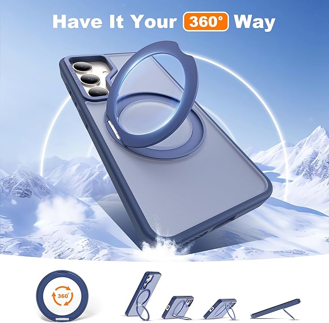 for Samsung Galaxy S25 Case with 360°Rotatable Magnetic Ring Stand Compatible with Mag-Safe Military Protection Shockproof Matte Translucent Phone Cases for Samsung Galaxy S25,Blue