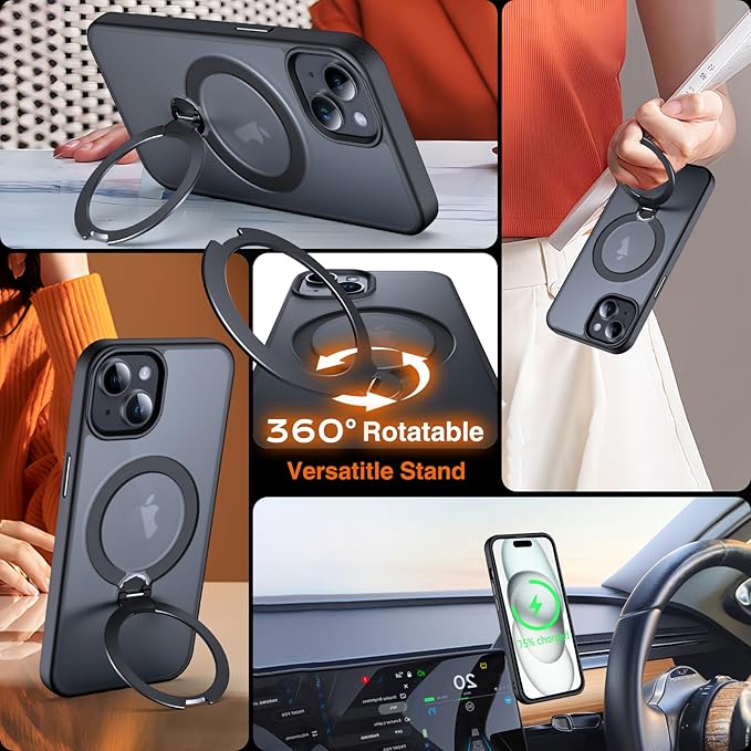 360° O-Ring MagStander for iPhone 15 Case with Magnetic Kickstand Ring Holder [Compatible with MagSafe][360°Rotate Stand Ring][Military Shockproof] Magnet iPhone 15 Phone Cover Matte Black