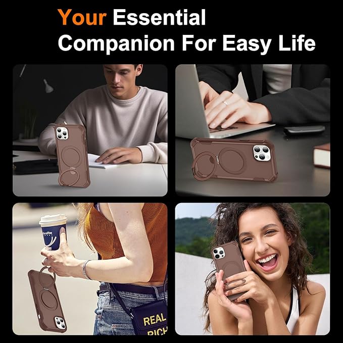 Compatible with iPhone 12 Case & iPhone 12 Pro Case with Invisible Magnetic Ring Stand [Compatible with Magnetic] [Military Drop Protection] Shockproof Hard Back Soft Edge 6.1 Inch, Khaki