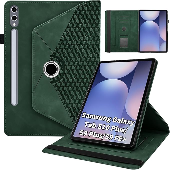 Case for Samsung Galaxy Tab S10 Plus 2024/ S9 FE Plus 5G 12.4 Inch 2023 with Pocket 360° Rotating Multi-Angle Stand Cover Auto Wake/Sleep PU Leather Business Folio Protective Cases, Green