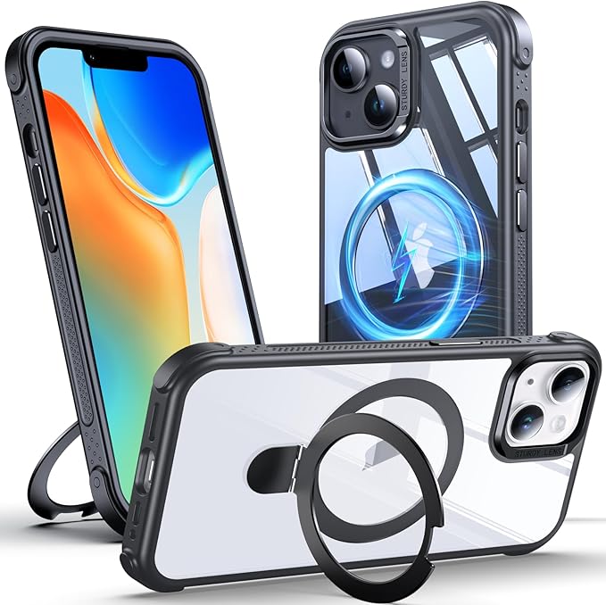 Anqrp O-Ring Magnetic Kickstand Clear Case for iPhone 14/13, Compatible with Mag-Safe, Military-Grade Reinforced 4-Corners Anti-Yellowing Transparent Phone Case Cover for iPhone 13/14, Black