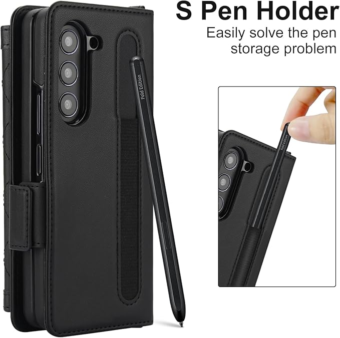 for Samsung Galaxy Z Fold 7 Wallet Case - Stitching Pattern RFID Blocking Card Holder, S Pen Slot Crossbody Strap, Full Body Protection Flip Cover for Women Black