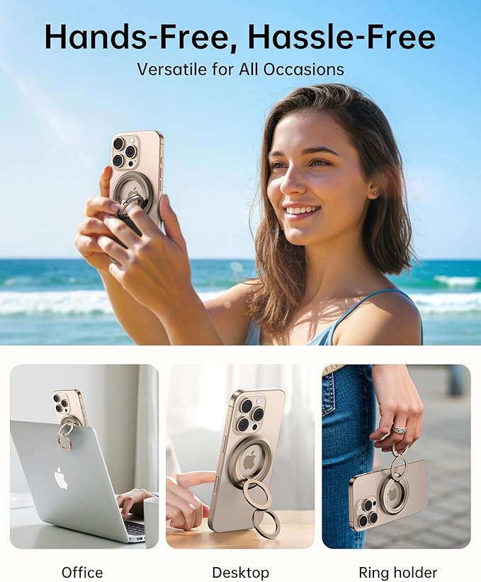 SYNCWIRE Magnetic Phone Ring Holder for MagSafe, 360° Rotation Dual Sided Magnet Grip Cell Phone Ring Stand Finger Kickstand Compatible with iPhone 16 15 14 13 12 Pro Max fits MagSafe - Desert Gold