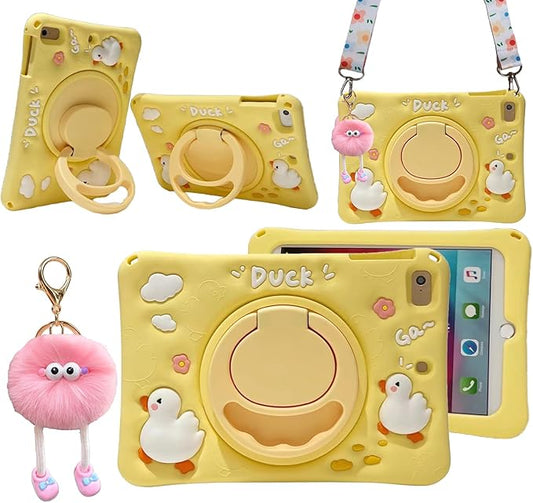 3D Cute Press Duck Case for Samsung Galaxy Tab A 8.0 inch 2019 SM-T290/ T295/ T297,Kawaii Cartoon Character Duck Soft Silicone Rotating Stand Case with Lanyard for Kids Teens Girls Women