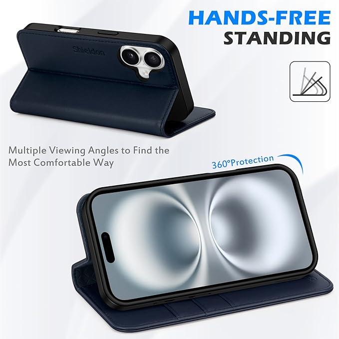 SHIELDON Case for iPhone 16 6.1" 2024, Genuine Leather Folio Wallet Magnetic Closure Kickstand RFID Blocking Card Slots Full Protection Cover Compatible with iPhone 16 5G - Nappa Navy Blue