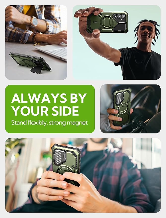 i-Blason for Samsung Galaxy S25 Plus Case with Camera Cover Stand [MagSafe Compatible] [Built-in Screen Protector] Full-Body Military-Grade Protection Rugged Magnetic Phone Case for S25 Plus, Green