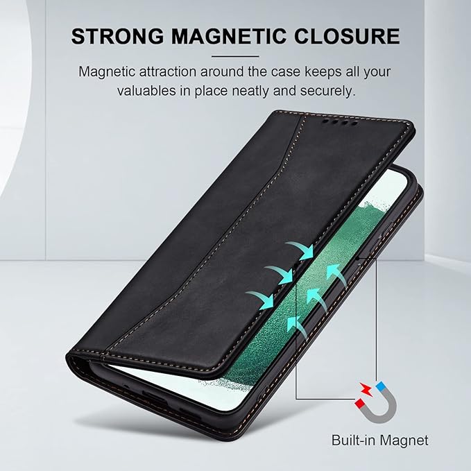 Jasonyu Flip Wallet Case for Samsung Galaxy S22 5G,Leather Magnetic Folio Cover with Card Holder,Kickstand - TPU Shockproof Durable Protective Phone Case,Black