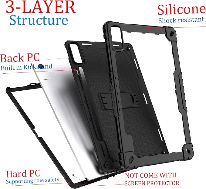 Case for Lenovo Tab P12 12.7 Inches Tablet Case,Heavy-Duty Drop-Proof Shockproof Hybrid Kids Protective Case for Lenovo tab P12/Xiaoxin Pad Pro 12.7" Tablet Case TB370FU/TB371FC (Black/Black)