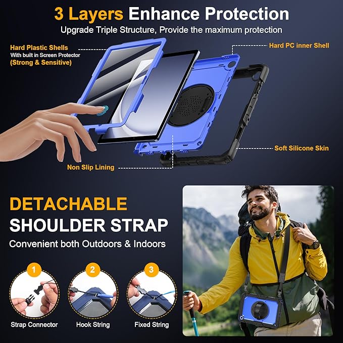 Case for Samsung Galaxy Tab A9+/A9 Plus 11 Inch 2023(SM-X210/X216/X218), Ubearkk Full-Body Drop Protection Case with Screen Protector, 360° Rotating Stand and Hand/Shoulder Strap, Dark Blue