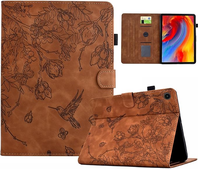 KEROM Case for Samsung Galaxy Tab A9+ Plus 11 Inch 2024 2023 (SM-X210/X216/X218), Embossed Suede Leather Folio Stand Cover with Auto Wake/Sleep & Card Slot & Pen Holder - Brown Bird Flower Embossing