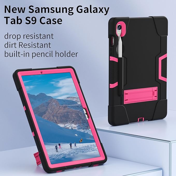 Case for Galaxy Tablet S9 FE & S9 2023 (SM-X710/X718U/X716B/X510/X516B), Soft Silicone & Hard Pc 3-Layer Military Protector Cover for Tab S9 11" with S-Pen Holder Stand case Black+Rose Red