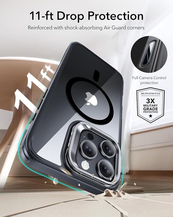 ESR for iPhone 16 Pro Case,Camera Control Button Compatible with MagSafe, Military-Grade Protective Case, Built-in Stash Stand Phone Case, Scratch-Resistant Back Cover, Classic Series, Clear Black