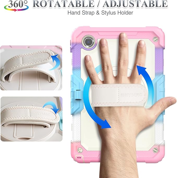 SEYMAC stock Tablet Case for Lenovo Tab M11 (TB-330FU/TB-330XU) 11 inch Drop-Proof Protection Cover with 360° Rotate Stand & Strap [Pen Holder] & Screen Protector/K11/Xiaoxin Pad 2024, Beige+Pink
