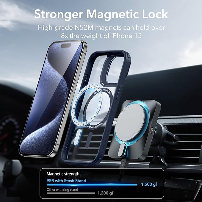 ESR for iPhone 15 Pro Max Case, Compatible with MagSafe, Military-Grade Protective Case, Built-in Stash Stand Phone Case, Scratch-Resistant Back Cover, Classic Series,Clear Dark Blue