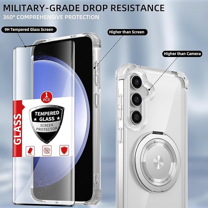 Magnetic for Samsung Galaxy S23 FE Case Compatible with MagSafe Wireless Charging,with 2 Screen Protectors,S23 FE Phone Case with 360°Kickstand Shockproof Military Grade Drop Protection Clear