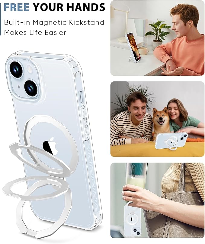 Compatible with iPhone 15 Case, Built-in Screen Protector & Seamless Stand, with Camera Lens Protector, Strong Magnetic Clear Phone Case, Full Body Protective Cover for 6.1" (Clear)