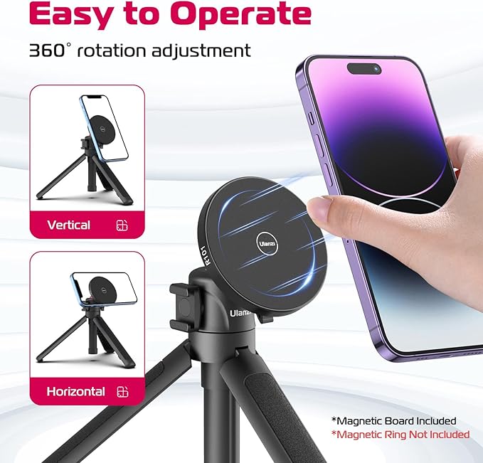 ULANZI Magnetic Cell Phone Tripod Compatible with MagSafe, 17.3" Extendable Mini Tabletop Tripod Selfie Stick with Cold Shoe, 360° Ball Head Tripod Stand Handle Grip for iPhone 17 16 15 14 13 12