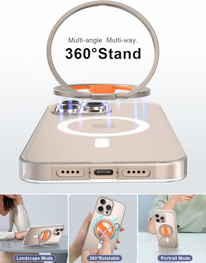 EWA MagOne 3rd Gen [Compatible with MagSafe] Phone Grip Stand with Finger Strap, Removable Magnetic Ring Holder Kickstand Loop for iPhone 16,15, 14, 13, 12 Series-(Gold-Orange)