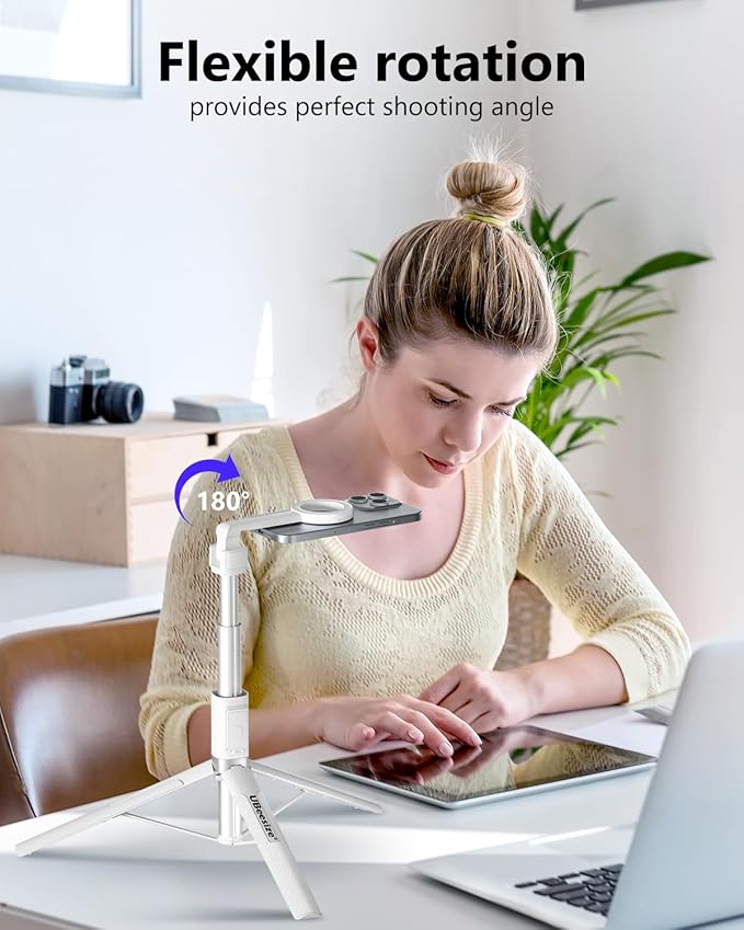 UBeesize Magnetic Tripod for iPhone with Remote, 64’’ Extendable Phone Stand for Video Recording/Vlogging, N52 Strong Holder for iPhone 12-17/Android, Portable Travel Selfie Stick Tripod(White)