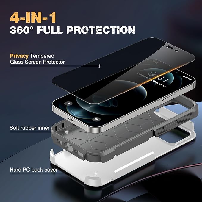 Diaclara Designed for iPhone 12 Pro Max Case, [with Privacy Screen Protector] [Anti Spy] [Military Grade Drop Protection] Heavy Duty Full-Body Shockproof Phone Case, White