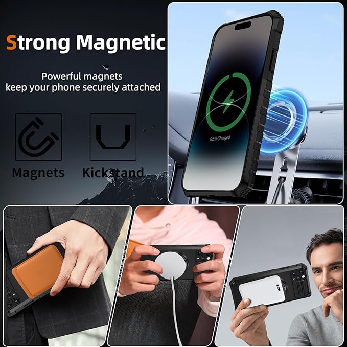 Magnetic for iPhone 14 Pro Max Case Compatible with MagSafe Wireless Charging,14 Pro Max Case with 2 Screen Protectors,with Kickstand Military Grade Drop Shockproof Heavy Duty Protection Black