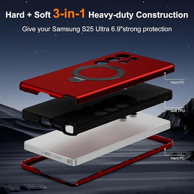 Designed for Samsung Galaxy S25 Ultra Case with Magnetic Ring Stand [Compatible with Mag-Safe][Military Grade Drop Protection][Build in Kickstand] S25 Ultra Phone Case 6.9",Red