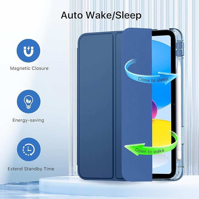 MoKo for iPad (A16) 11th Generation Case 11 Inch 2025, iPad 10th Generation Case 10.9 Inch 2022 with Pencil Holder, Slim Light Trifold Protective Cover with Hard PC Translucent Back Shell, Navy Blue