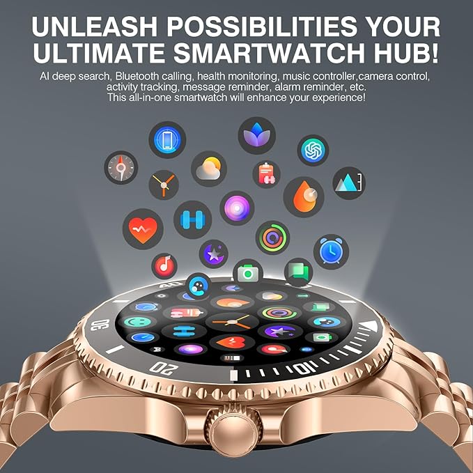 2025 DA GPT Smart Watch, Deep Search, Heart Rate, Blood Pressure, Blood Oxygen, Sleep Monitor, 107 Sports Modes, Waterproof Round Watch, 1.19-inch AMOLED Display, Compatible Android and iOS Gold Metal