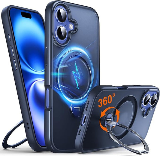 360° O-Ring MagStander for iPhone 16 Case with Magnetic Kickstand Ring Holder [Compatible with MagSafe][360°Rotate Stand Ring][Military Shockproof] Magnet iPhone 16 Phone Cover Matte Blue