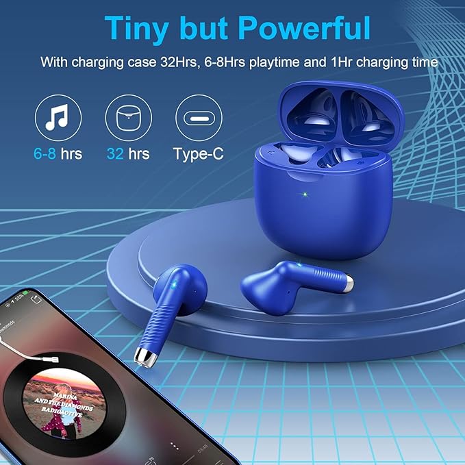 Wireless Earbuds, Bluetooth 5.4 Earbuds Stereo Bass, Bluetooth Headphones in Ear Noise Cancelling Mic, Earphones IP7 Waterproof Sports, 32H Playtime USB C Charging Case Blue Ear Buds for Android iOS