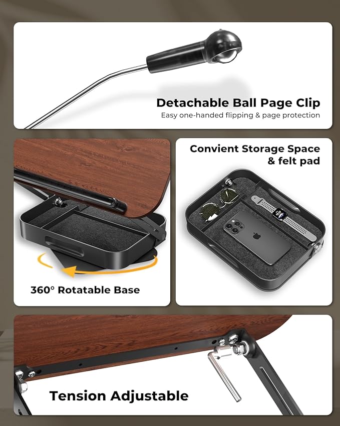 Adjustable Book Stand for Reading with Storage – 360° Rotating Base, Height Adjustable, Extra-Wide Page Clips for Thick Books – Portable Desk Book Holder for Study, Bed, Office, Kitchen (Dark Wood)