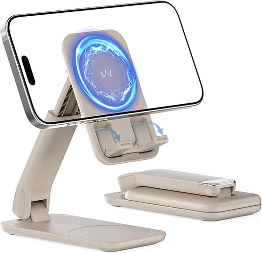 iWALK Magnetic Cell Phone Stand for Desk, Angle and Height Adjustable Mobile Phone Holder, Foldable Magnet Stand for iPhone 16 15 14 13 12 Pro Max and iPad Cell Phone Holder, Light Brown