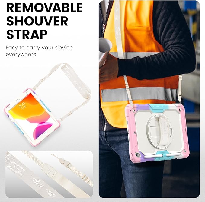 Timecity Case for iPad 9th/ 8th/ 7th Generation 10.2 inch - Heavy Duty Protective Cover with Screen Protector, Rotating Stand, Shoulder Strap & Pencil Holder | Kids-Friendly (Pink Camo)