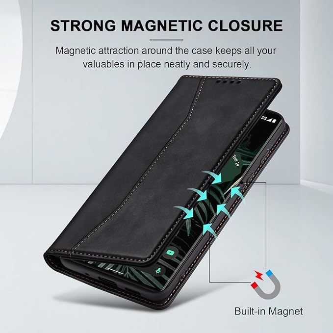 Jasonyu Flip Wallet Case for Google Pixel 6 Pro 5G,Leather Magnetic Folio Cover with Card Holder,Kickstand - TPU Shockproof Durable Protective Phone Case,Black