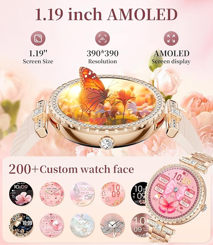 Diamond Smart Watch for Women(Buletooth Call), 1.19" AMOLED HD Display, 100+ Sports Mode Fitness Tracker Watch, 5ATM Waterproof/Pedometer/Sleep Smartwatch Women, iOS Android Smart Watches