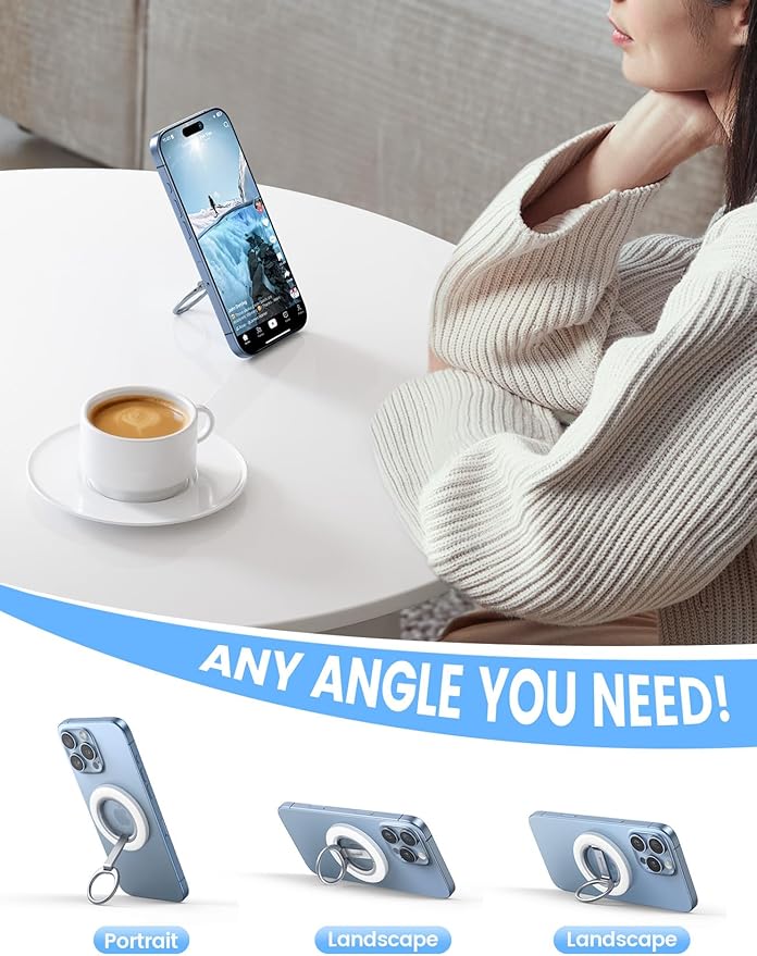 Lamicall Magnetic Phone Ring Grip Stand - [Stable Dual-Hinge] Ring Kickstand 360° Rotation Finger Holder [Super Magnet] Ring Grip, for MagSafe Accessories for iPhone 17 16 15 14 Pro Max, White