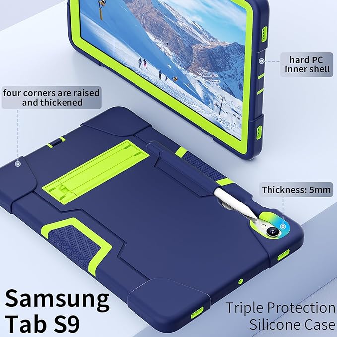 Case for Galaxy Tablet S9 FE & S9 2023 (SM-X710/X718U/X716B/X510/X516B), Soft Silicone & Hard Pc 3-Layer Military Protector Cover for Tab S9 11" with S-Pen Holder Stand case Navy Blue