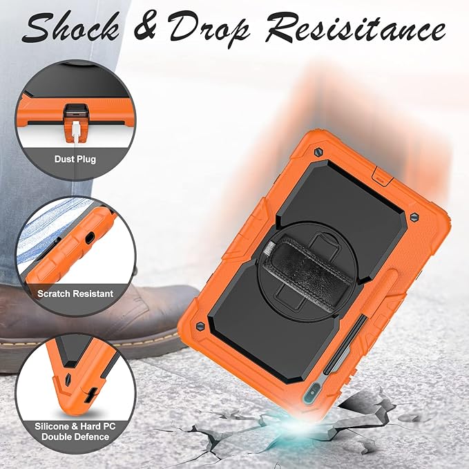 Tablet Case for Samsung Galaxy Tab S8 Plus 2022/S7 FE/S7 Plus 5G 12.4" [with 9H Tempered Glass Screen Protector],Rotating Kickstand/S Pen Holder/Shoulder & Hand Strap (Orange)