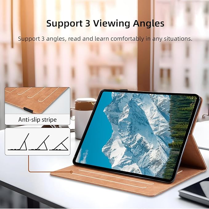 Case for Lenovo Tab P12 12.7 Inch 2023 (TB370FU) - Multi-Angle Viewing Stand Cover with Pocket, PU Leather Folio Case with Magnetic Clasp, Auto Wake/Sleep Smart Tablet Cover, Brown