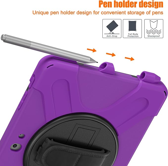 ZenRich Rugged Case for Surface Go 4 (2023)/Surface Go 3 (2021)/ Surface Go 2 (2020), Surface Go (2018) with Pen Holder Heavy Duty Shockproof Case with Stand Hand Strap and Shoulder Belt-Purple