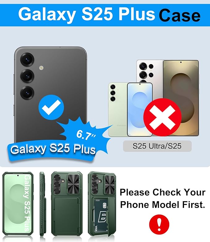 Multifuncional Case for Samsung Galaxy S25+ Plus, Card Holder (4-5 Cards), RFID Block, Slide Lens Cover & Military Drop Protection, Heavy Duty Men Women Wallet Case for Samsung S25+ Plus, Green
