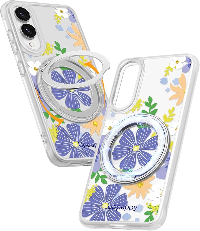 for Samsung Galaxy S25 Edge Case with 360° Rotatable Magnetic Ring - Compatible with MagSafe, Semi-Transparent Soft-Touch Material Shockproof, Cute Purple Flower Design for Women Girl