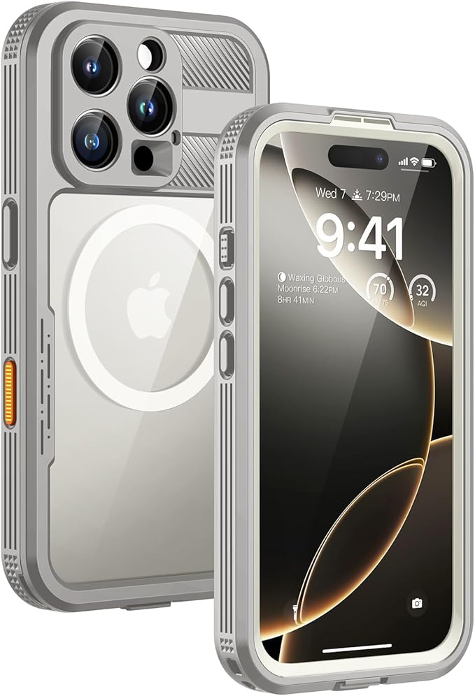 Lanhiem Magnetic for iPhone 16 Pro Case, IP68 Waterproof Dustproof Case, [Compatible with Magsafe] [Built-in Screen Protector] Full Body Heavy Duty Rugged Phone Cover 6.3 inch, Natural