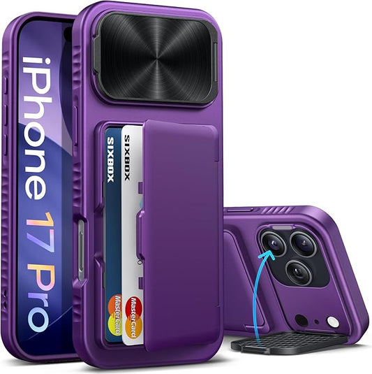 for iPhone 17 Pro Case, Built-in Card Holder & Stand & Lens Cover, Military Grade Drop Tested Soft Silicone Edge Rugged Kickstand Protective Wallet Phone Case for iPhone 17 Pro 2025, Purple