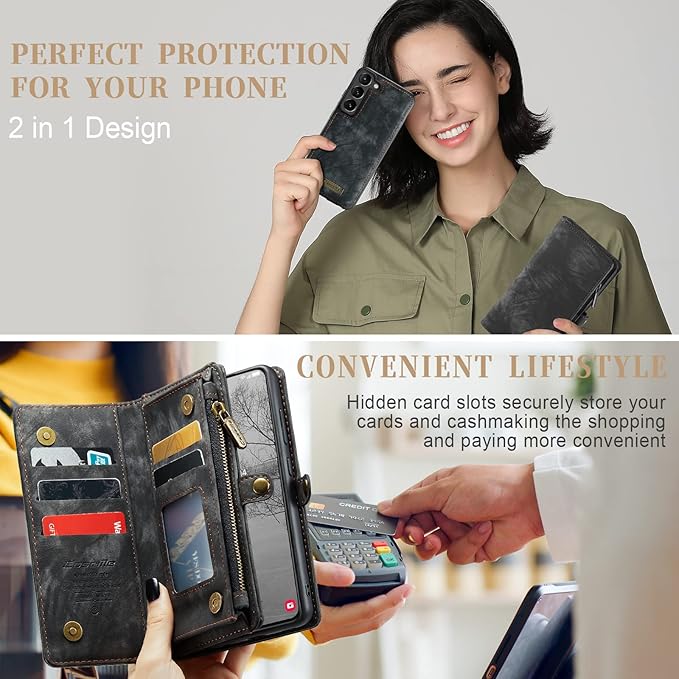 SZHAIYU 2 in 1 Detachable for Samsung Galaxy S23 Wallet Case with Card Holder, Retro Premium Flip Leather Cover Magnetic Zipper Pocket Phone Cases 6.1'' (Black,S23)